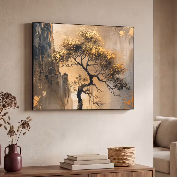 Boom - Goud - Landschap - Verf Textielframe zwart klein -sfeer3