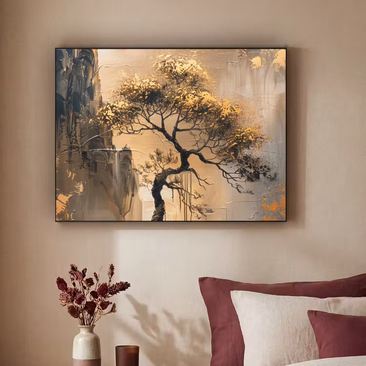 Boom - Goud - Landschap - Verf Textielframe zwart klein -sfeer1