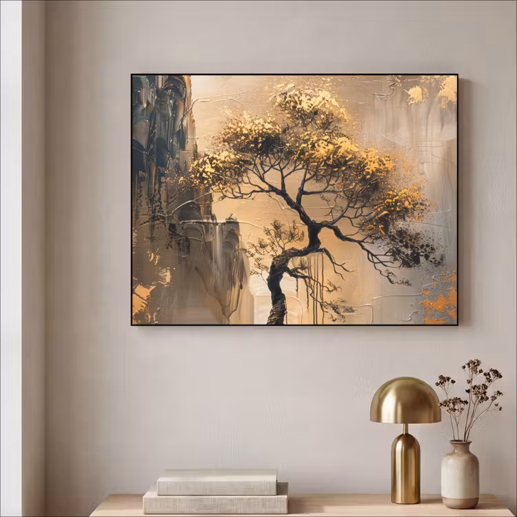 Boom - Goud - Landschap - Verf Textielframe - compleet frame klein -sfeer2