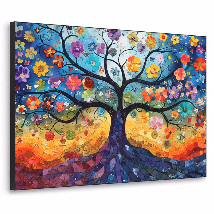 Boom - Kleurrijk - Bloemen - Kunst - Abstract Textielframe zwart klein -3d