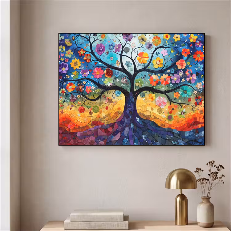 Boom - Kleurrijk - Bloemen - Kunst - Abstract Textielframe zwart klein -sfeer2