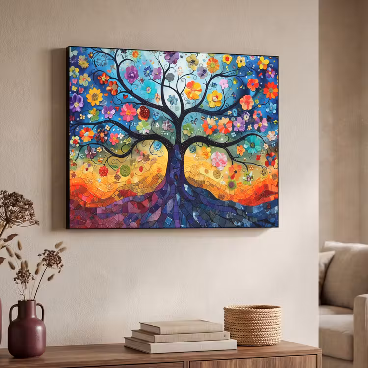 Boom - Kleurrijk - Bloemen - Kunst - Abstract Textielframe zwart klein -sfeer3