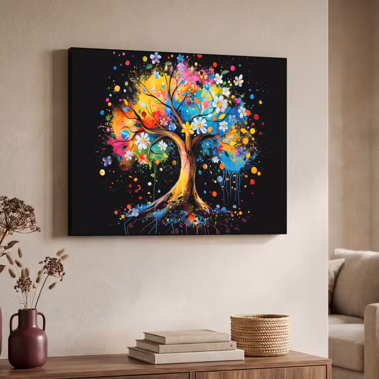 Boom - Kleurrijk - Bloemen - Zwart Textielframe zwart klein -sfeer3