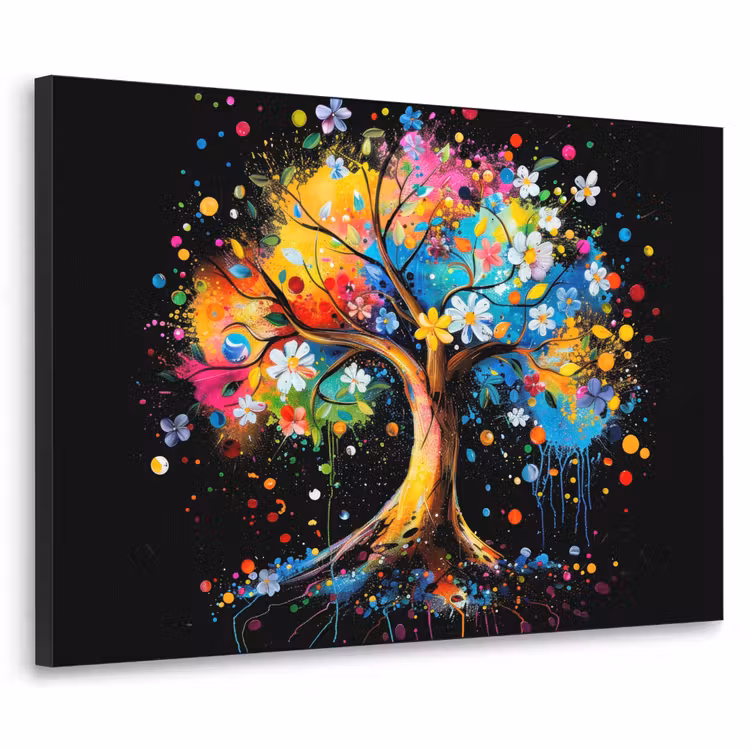 Boom - Kleurrijk - Bloemen - Zwart Textielframe zwart klein -3d