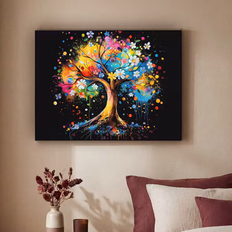 Boom - Kleurrijk - Bloemen - Zwart Textielframe - compleet frame klein -sfeer1