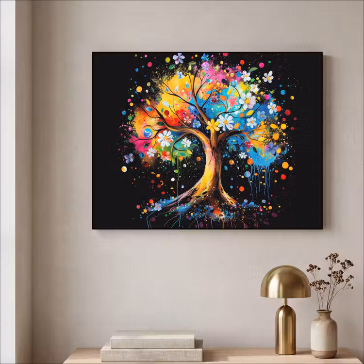 Boom - Kleurrijk - Bloemen - Zwart Textielframe zwart klein -sfeer2