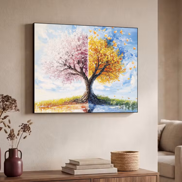 Boom - Kunst - Seizoenen - Lente - Herfst Textielframe zwart klein -sfeer3