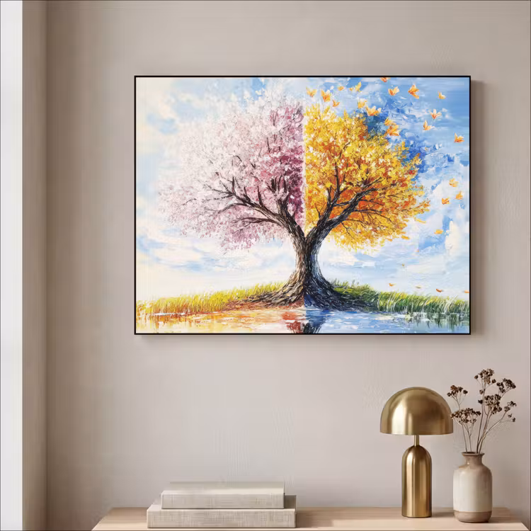 Boom - Kunst - Seizoenen - Lente - Herfst Textielframe zwart klein -sfeer2