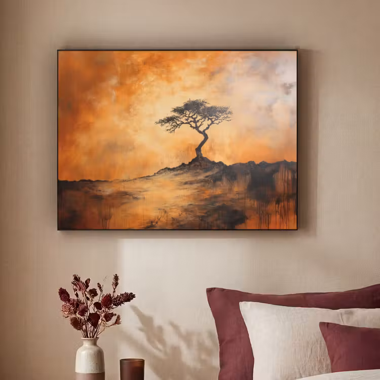 Boom - Landschap - Oranje Textielframe zwart klein -sfeer1