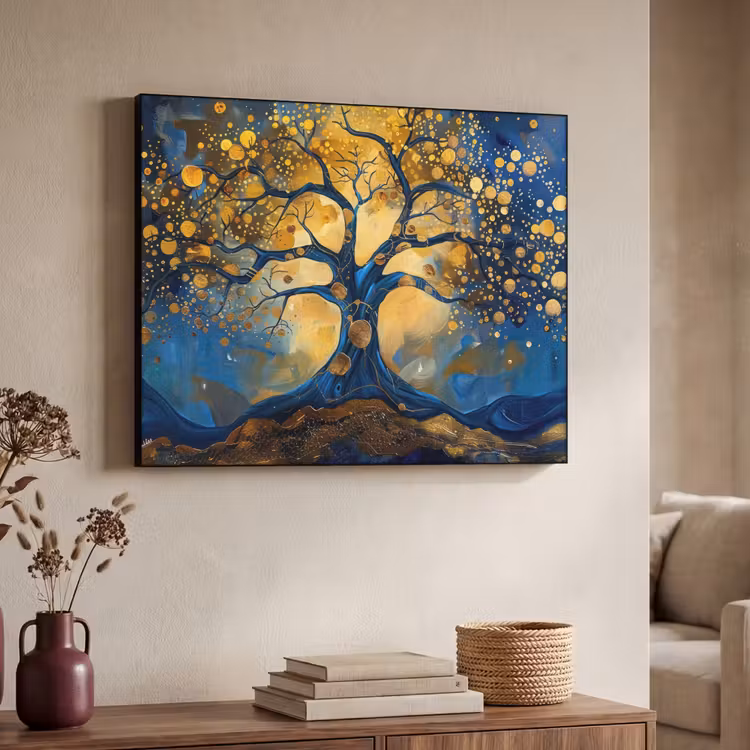 Boom - Levensboom - Blauw - Goud Textielframe zwart klein -sfeer3