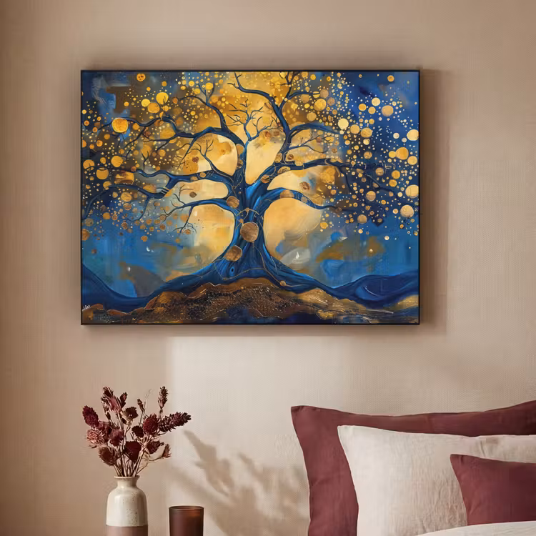 Boom - Levensboom - Blauw - Goud Textielframe - compleet frame klein -sfeer1