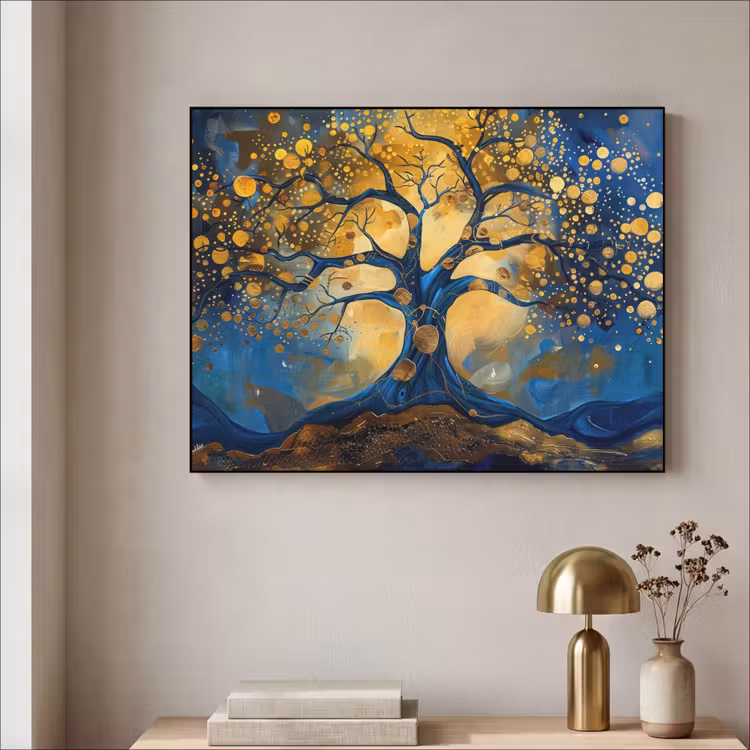 Boom - Levensboom - Blauw - Goud Textielframe zwart klein -sfeer2