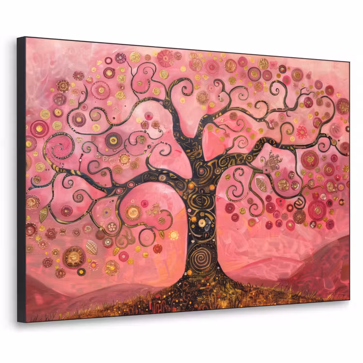 Boom - Levensboom - Roze - Goud Textielframe - compleet frame klein -3d