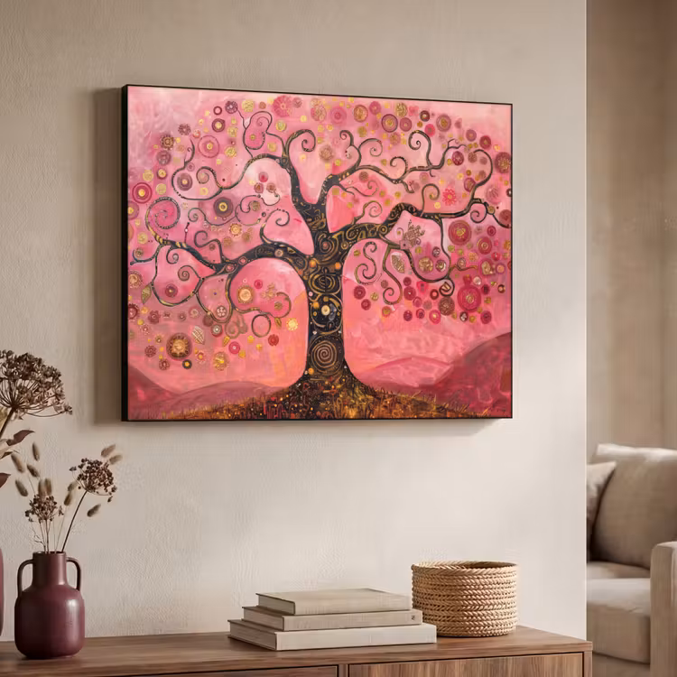 Boom - Levensboom - Roze - Goud Textielframe - compleet frame klein -sfeer3