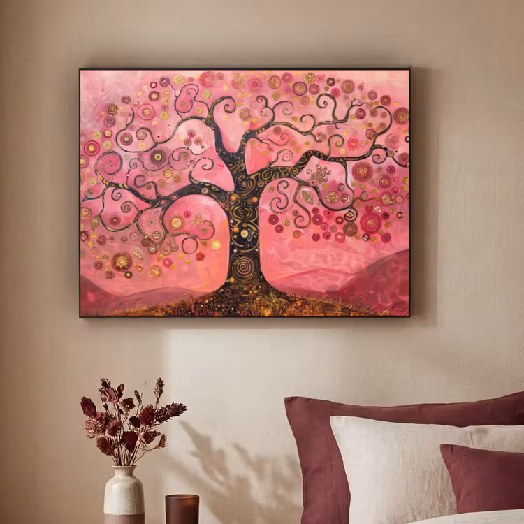 Boom - Levensboom - Roze - Goud Textielframe zwart klein -sfeer1