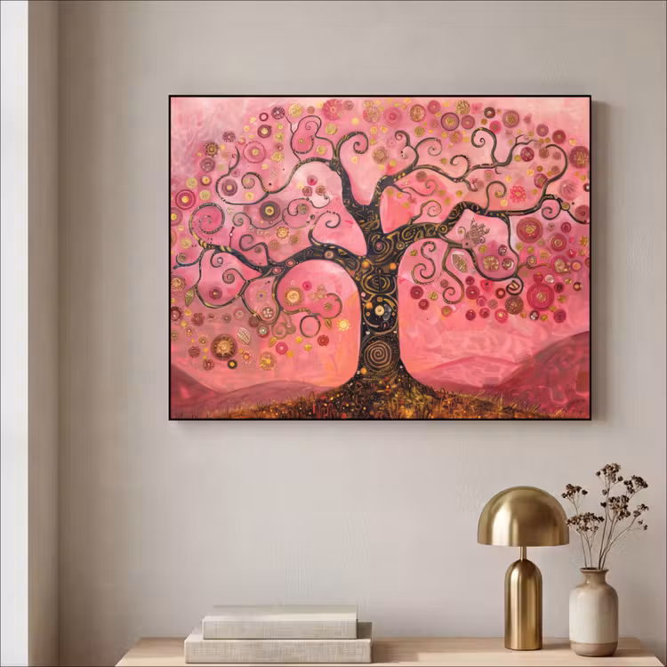 Boom - Levensboom - Roze - Goud Textielframe - compleet frame klein -sfeer2