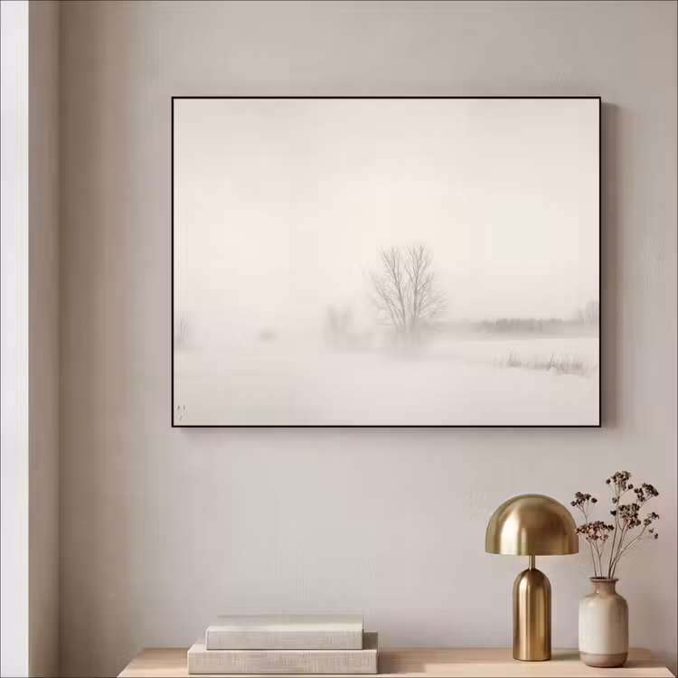 Boom - Mist - Sneeuw - Winter - Minimalistisch Textielframe zwart klein -sfeer2