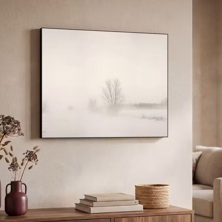 Boom - Mist - Sneeuw - Winter - Minimalistisch Textielframe zwart klein -sfeer3