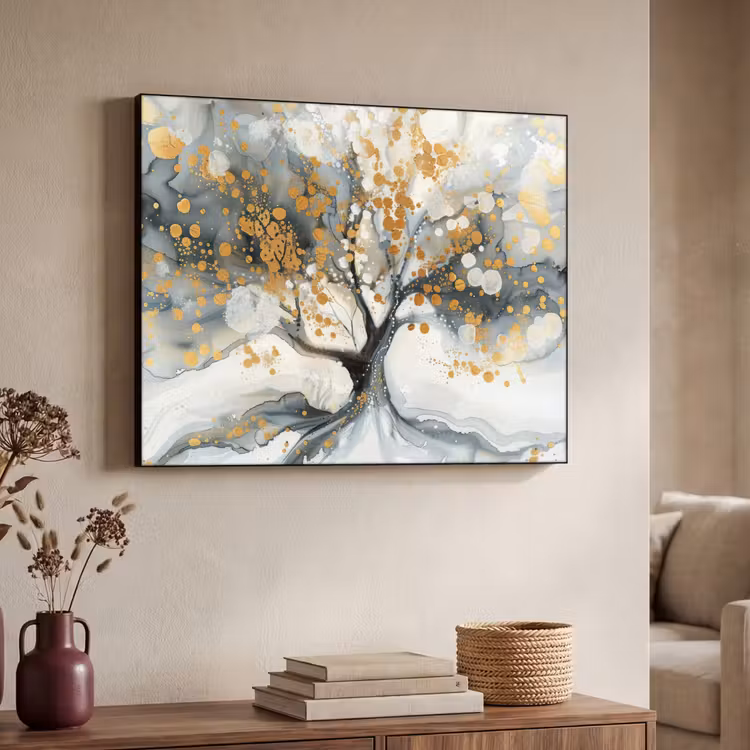 Boom - Modern - Abstract - Goud - Zwart - Wit Textielframe zwart klein -sfeer3