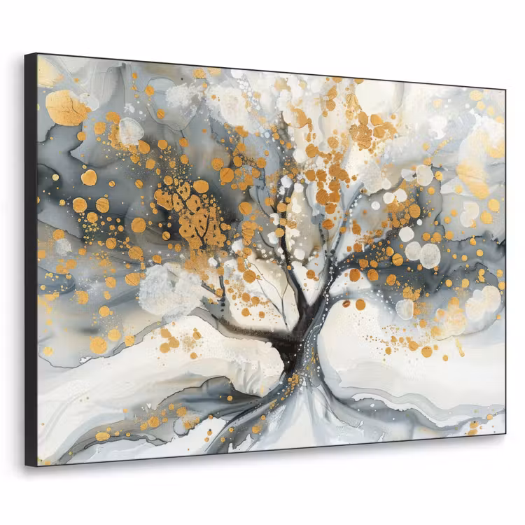 Boom - Modern - Abstract - Goud - Zwart - Wit Textielframe zwart klein -3d