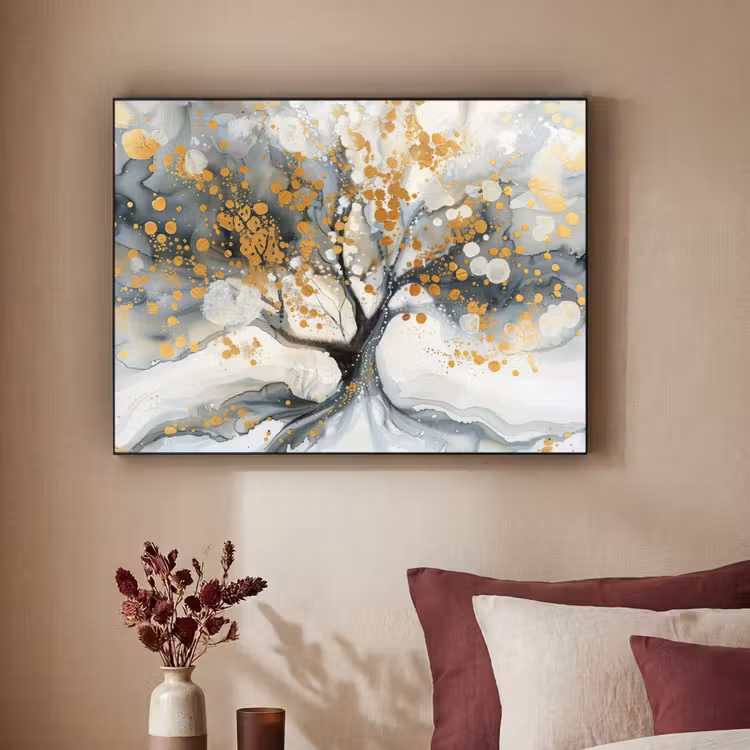 Boom - Modern - Abstract - Goud - Zwart - Wit Textielframe - compleet frame klein -sfeer1