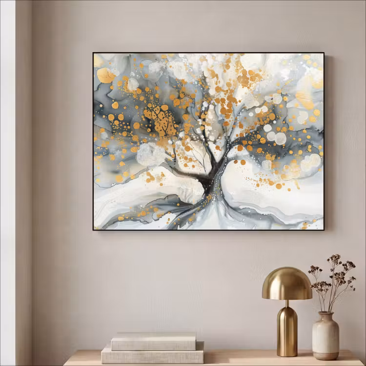 Boom - Modern - Abstract - Goud - Zwart - Wit Textielframe zwart klein -sfeer2