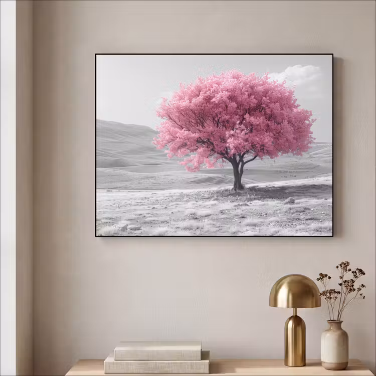 Boom - Natuur - Roze - Zwart wit Textielframe zwart klein -sfeer2