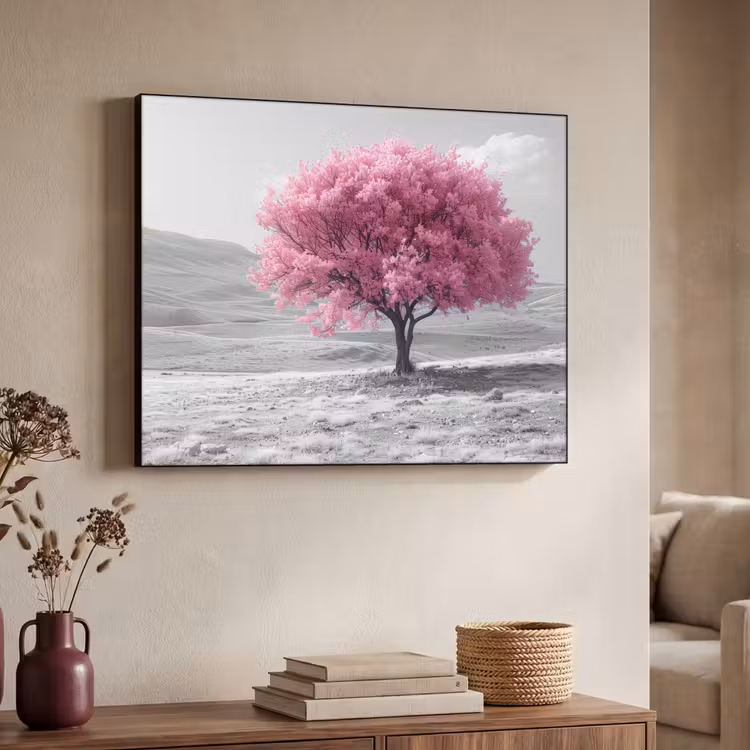 Boom - Natuur - Roze - Zwart wit Textielframe zwart klein -sfeer3
