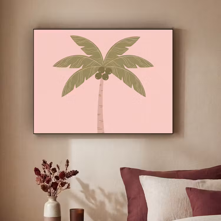 Boom - Palm - Natuur - Illustratie - Roze Textielframe zwart klein -sfeer1