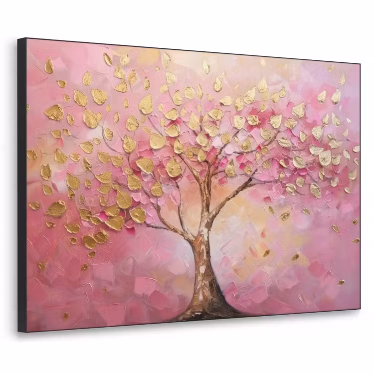 Boom - Roze - Goud - Modern Textielframe zwart klein -3d