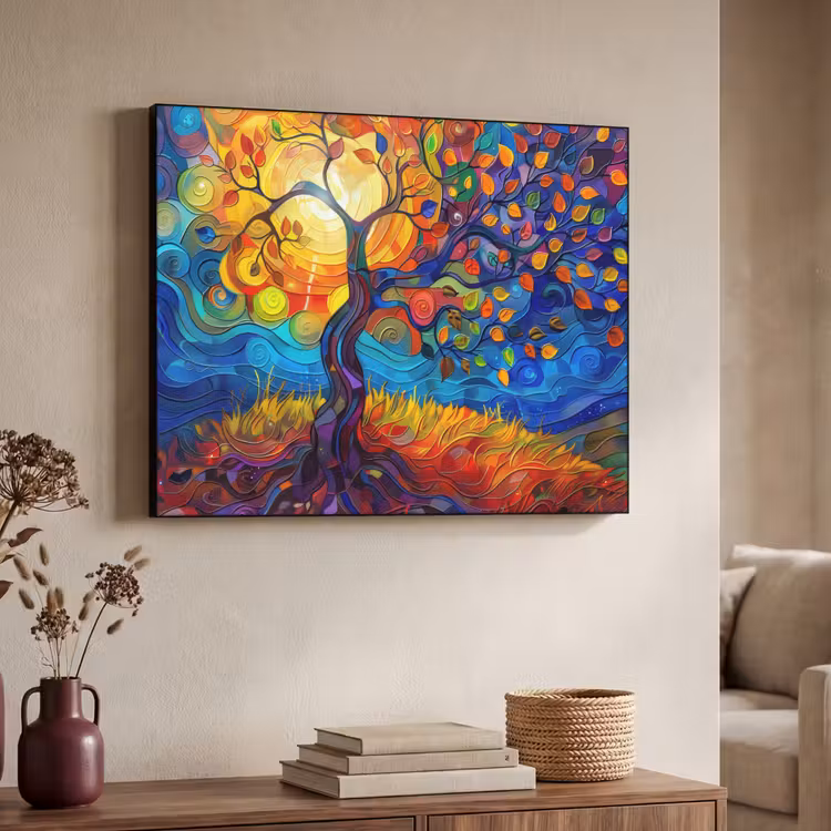Boom - Zon - Verflook - Kleuren - Abstract Textielframe - compleet frame klein -sfeer3