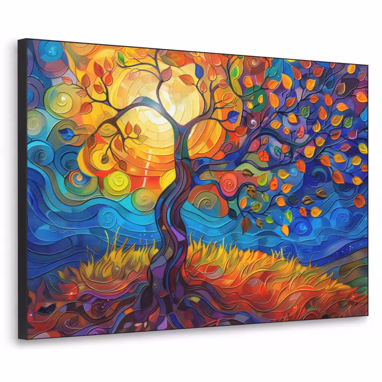 Boom - Zon - Verflook - Kleuren - Abstract Textielframe zwart klein -3d