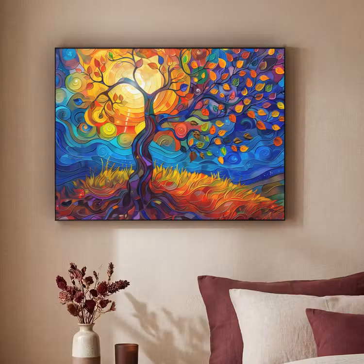 Boom - Zon - Verflook - Kleuren - Abstract Textielframe zwart klein -sfeer1
