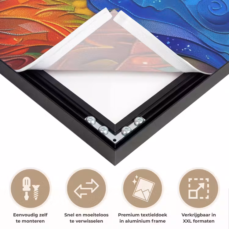 Boom - Zon - Verflook - Kleuren - Abstract Textielframe zwart klein -USP_closeupNL