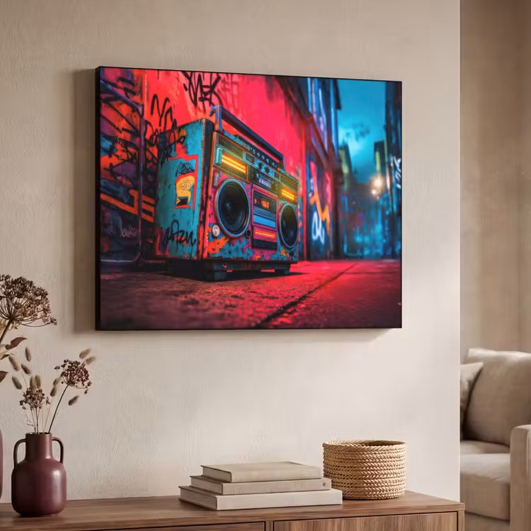 Boombox - Rood - Graffiti - Neon Textielframe zwart klein -sfeer3