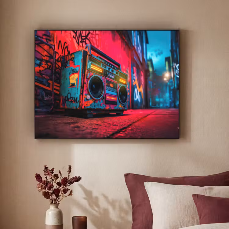 Boombox - Rood - Graffiti - Neon Textielframe zwart klein -sfeer1