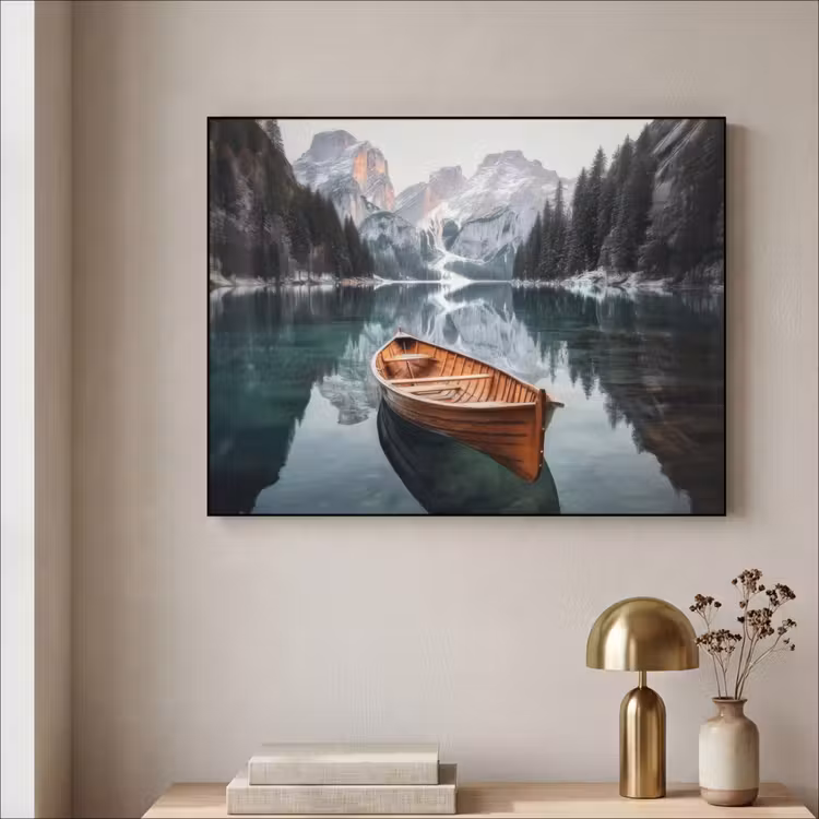 Boot - Bergen - Natuur - Water Textielframe zwart klein -sfeer2