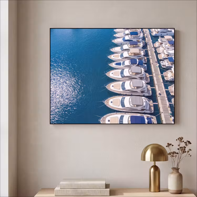 Boot - Jachthaven - Water - Zomer - Blauw Textielframe zwart klein -sfeer2