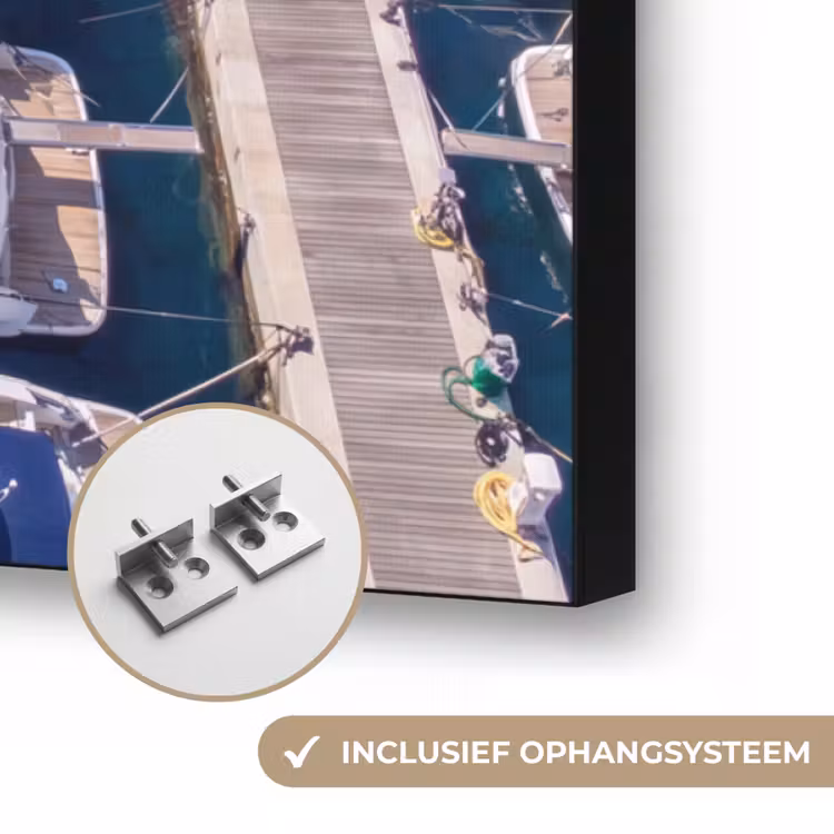 Boot - Jachthaven - Water - Zomer - Blauw Textielframe zwart klein -USP_ophangsysteemNL