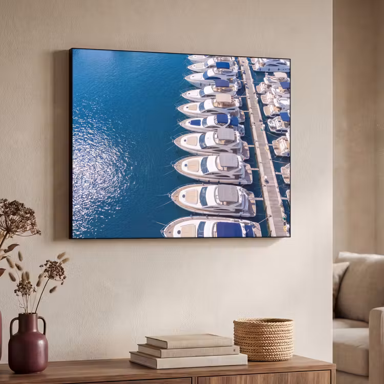 Boot - Jachthaven - Water - Zomer - Blauw Textielframe zwart klein -sfeer3