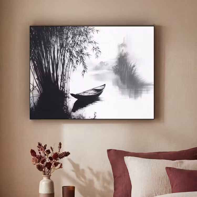 Boot - Rivier - Bamboe - Wit Textielframe zwart klein -sfeer1