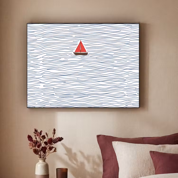 Boot - Water - Rood - Illustratie - Minimalistisch Textielframe zwart klein -sfeer1