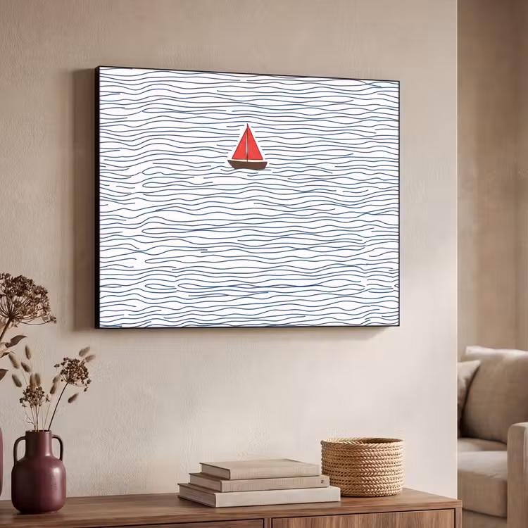 Boot - Water - Rood - Illustratie - Minimalistisch Textielframe zwart klein -sfeer3