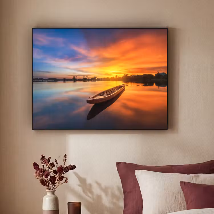 Boot - Water - Zonsondergang - Oranje - Water Textielframe zwart klein -sfeer1