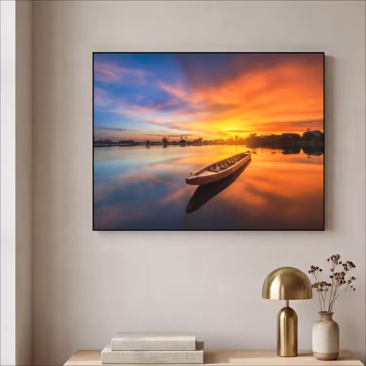 Boot - Water - Zonsondergang - Oranje - Water Textielframe zwart klein -sfeer2