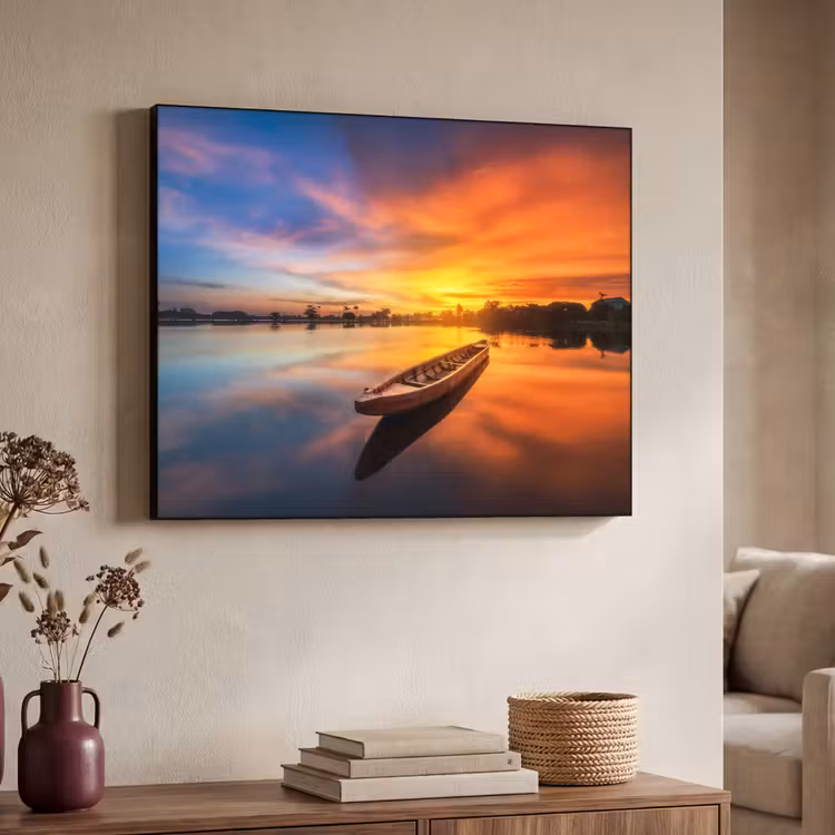 Boot - Water - Zonsondergang - Oranje - Water Textielframe zwart klein -sfeer3