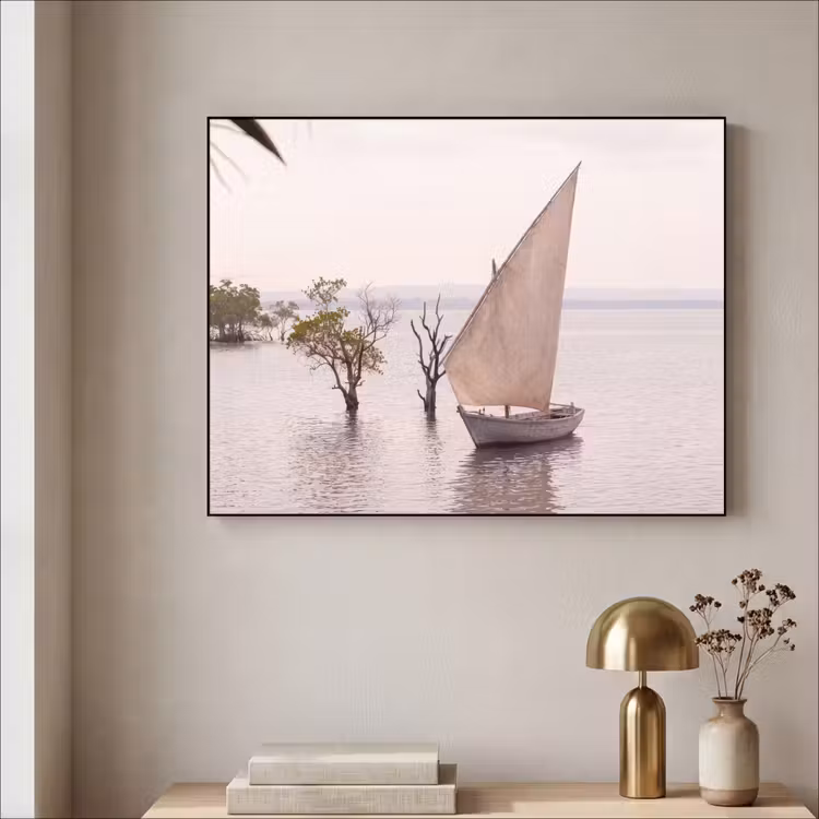 Boot - Zeil - Water - Tropisch - Natuur Textielframe zwart klein -sfeer2