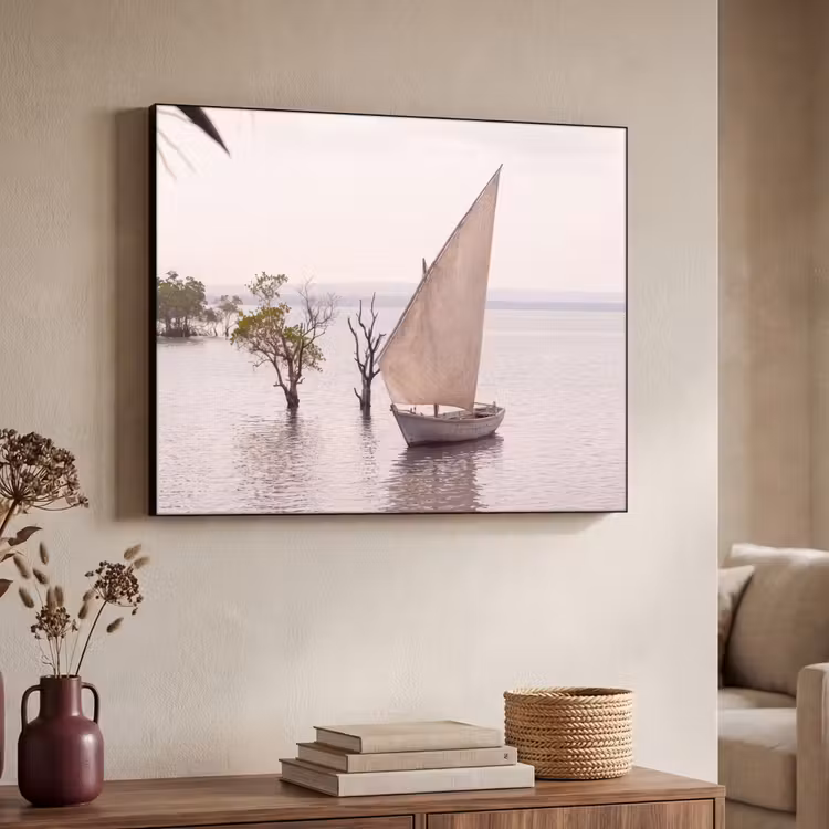 Boot - Zeil - Water - Tropisch - Natuur Textielframe zwart klein -sfeer3
