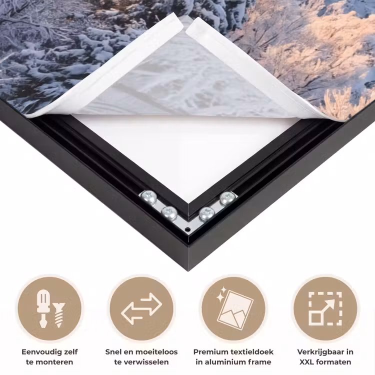 Bos - Bergen - Goud - Winter - Warm Textielframe zwart klein -USP_closeupNL