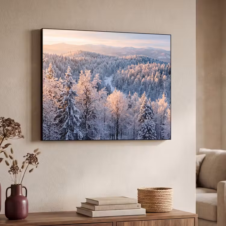 Bos - Bergen - Goud - Winter - Warm Textielframe zwart klein -sfeer3
